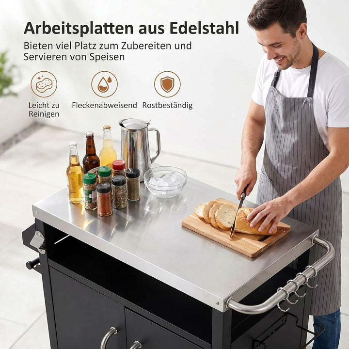TLSUNNY Grilltisch Outdoor, Grillwagen mit Edelstahl Tischplatte 75x50 cm, Grill Trolley mit Untersc
