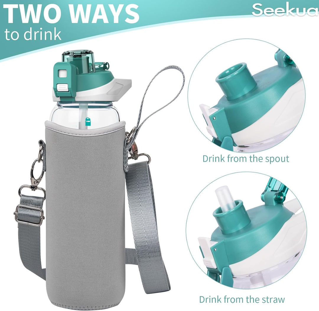 Seekua 0.8l Sport Trinkflasche Glas Flasche mit Strohhalm & Zeitmarkierung 800ml auslaufsicher bpa f