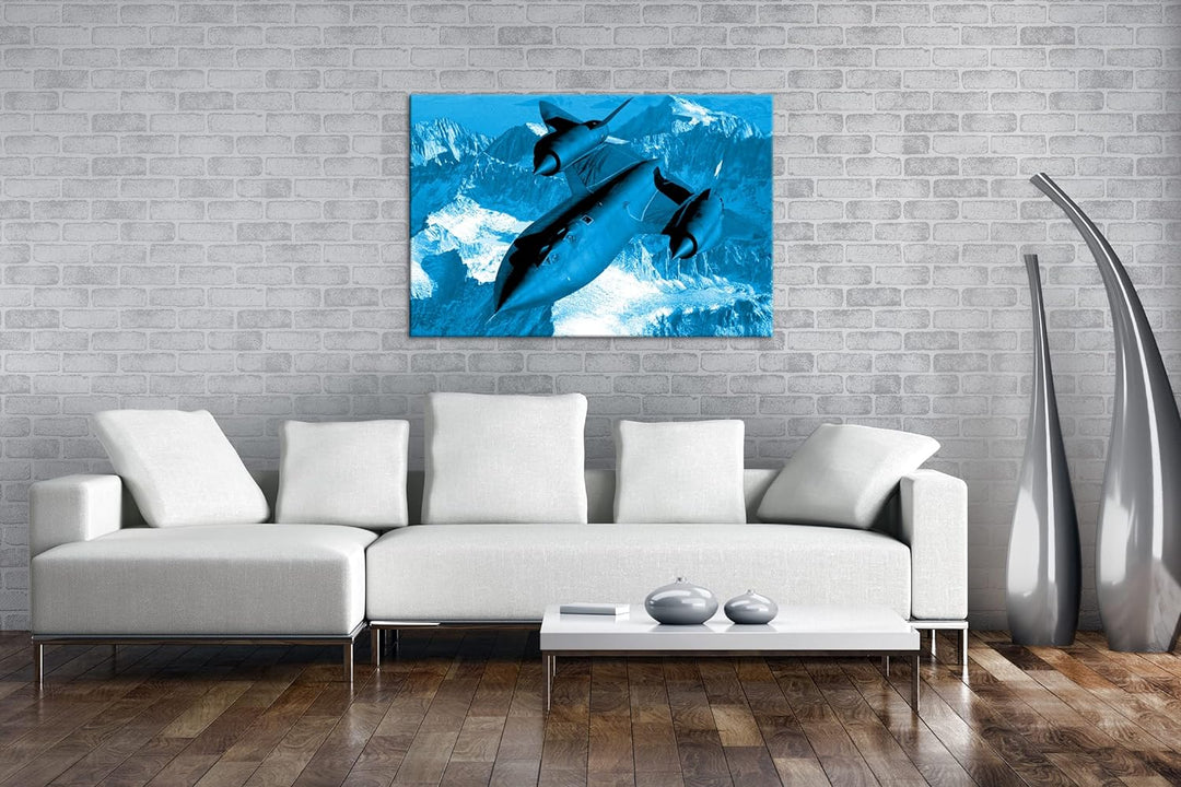 schwarzer Jet über den Bergen Format 80x60 Effekt: Monocrome Blau als Leinwandbild, Motiv fertig ger