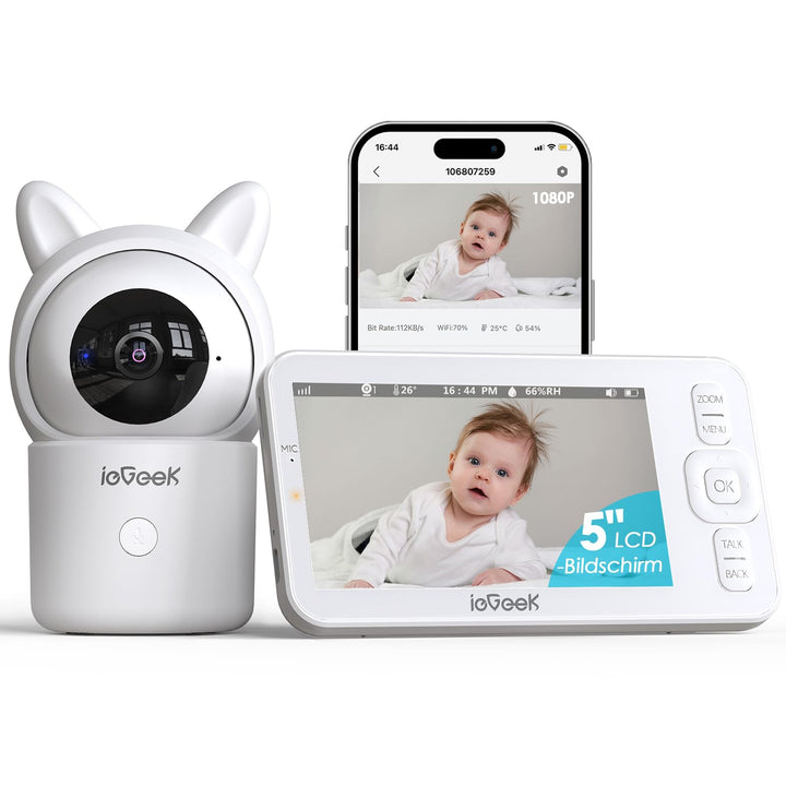 ieGeek Babyphone mit Kamera 1080P, 5 Zoll WLAN Video babyfone PTZ 360° mit APP, 4-Fach Zoom, Zonenal