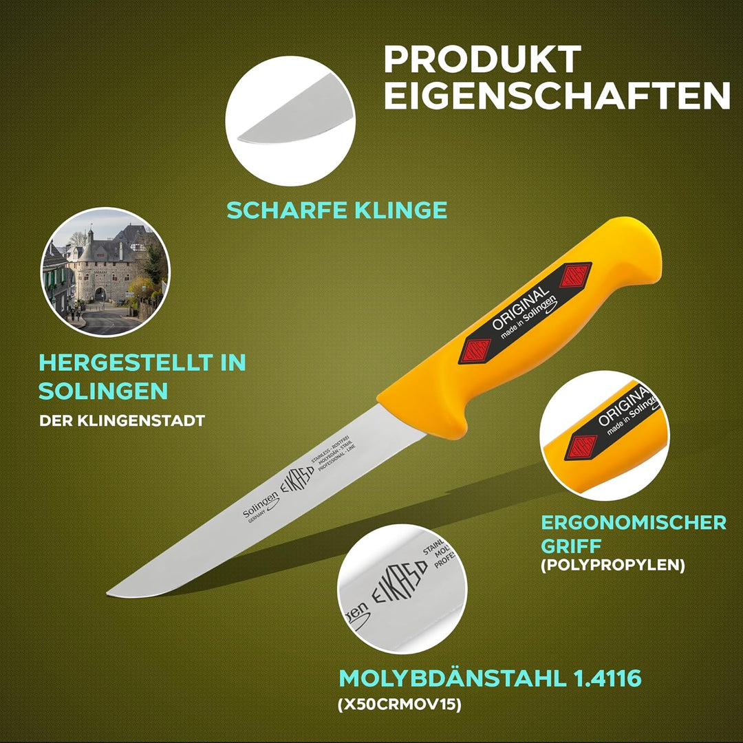 EIKASO Solingen Ausbeinmesser 13cm breit mit gerader steifen Klinge in gelb 20 cm steif, 20 cm steif