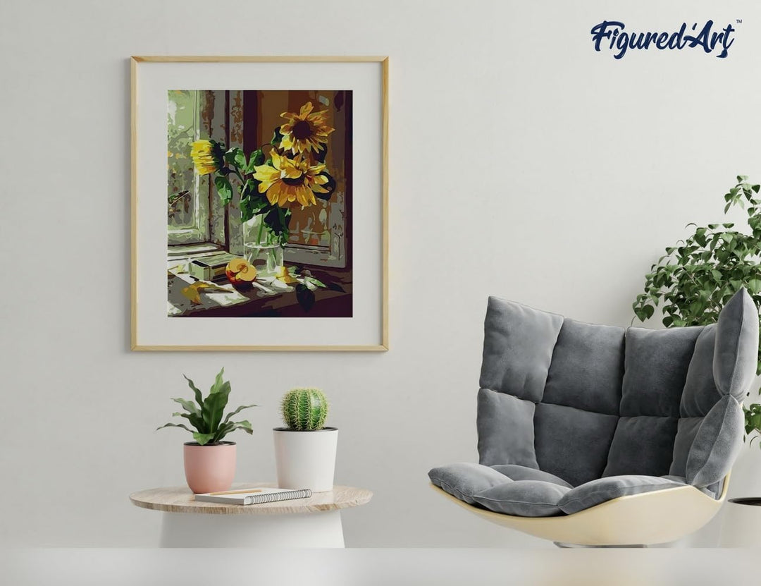 Figured'Art Malen Nach Zahlen Erwachsene Mit Rahmen Sonnenblumen und Apfel vor dem Fenster - Paint b