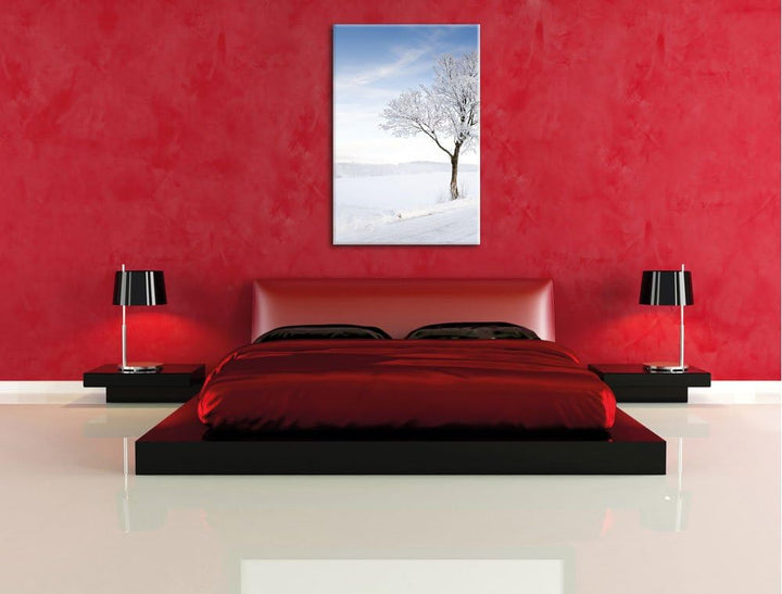 Pixxprint Baum im Schnee, Format: 100x70 auf Leinwand, XXL riesige Bilder fertig gerahmt mit Keilrah