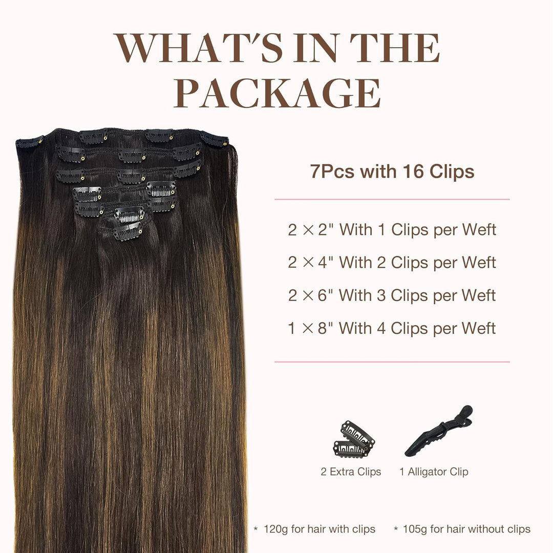 GOO GOO Clip in Extensions Echthaar, Echthaar Extensions Clip, 35cm 120g 7pcs, Clip In Haarverlänger