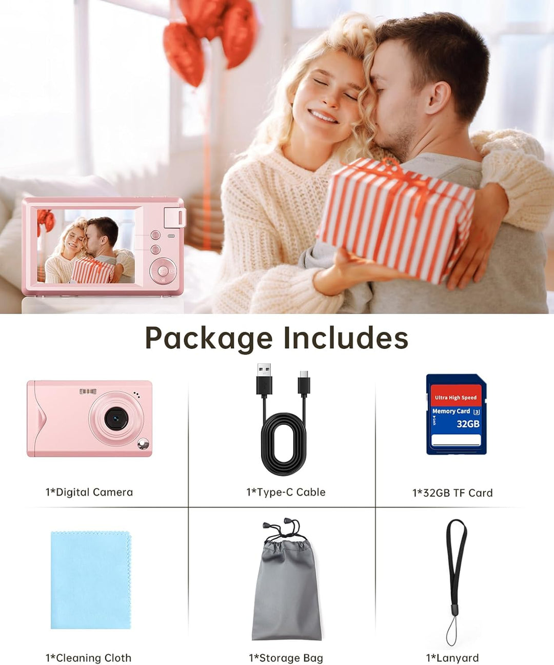 4K Digitalkamera 48MP mit Tasche 32GB SD Karte für Vlogging Kinder Jugendliche Rose Pink-A30, Pink-A