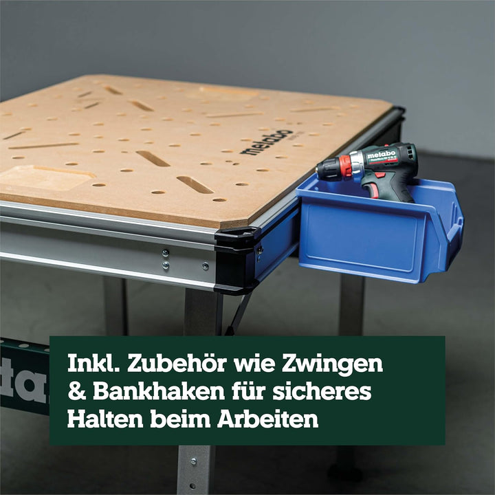 Metabo Multifunktionstisch MWB 100, mobile Werkbank, Arbeitstisch, Werkbank mit höhenverstellbaren S