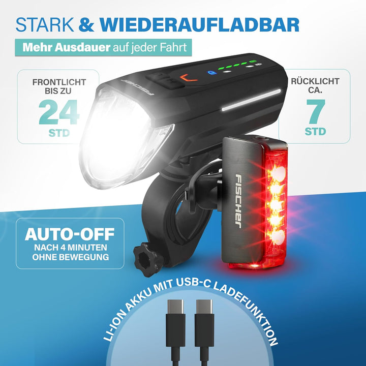 FISCHER Fahrrad LED-Akku Beleuchtungs-Set Twin Stop 100 Lux, mit Sensormodus, Lange Leuchtdauer, sta