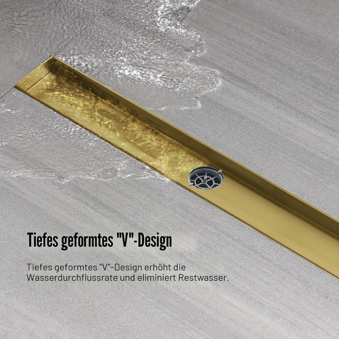 Duschrinne 50 cm, Gold Befliesbar Duschrinne extra flach, Edelstahl Bodenablauf Komplettset mit 360°