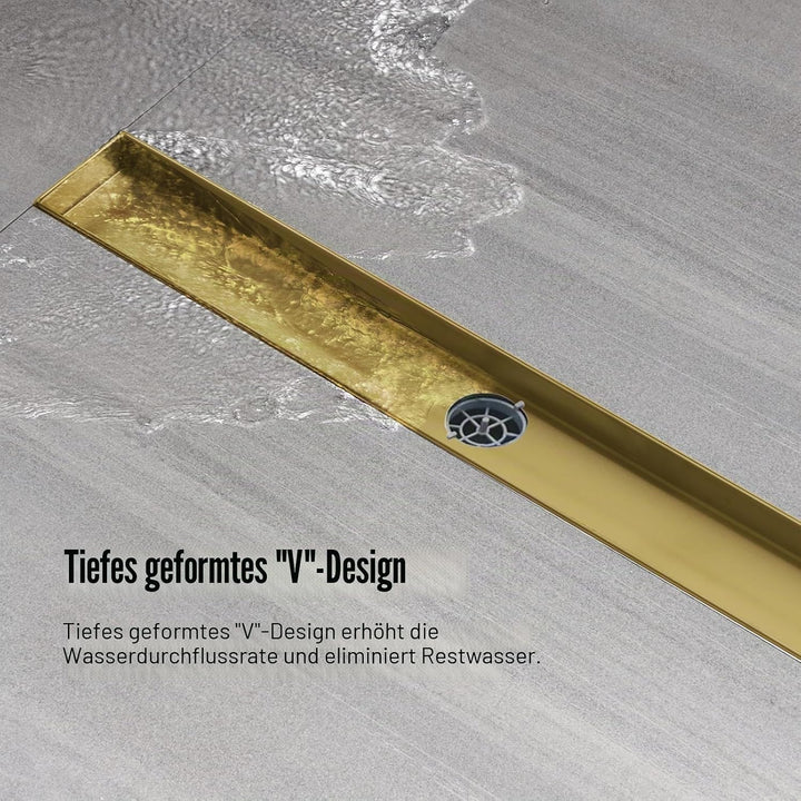 Duschrinne 50 cm, Gold Befliesbar Duschrinne extra flach, Edelstahl Bodenablauf Komplettset mit 360°