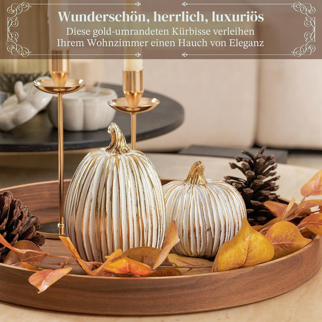 DN DECONATION 2er Set Deko Kürbisse – Geschnitzte Kürbisdeko aus Kunstharz Weiss & Gold – Herbstdeko