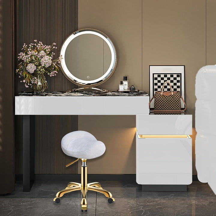 Gold Sattelhocker mit Rollen, Professionelle Rollhocker Höhenverstellbar, PU Leder Drehhocker, Salon