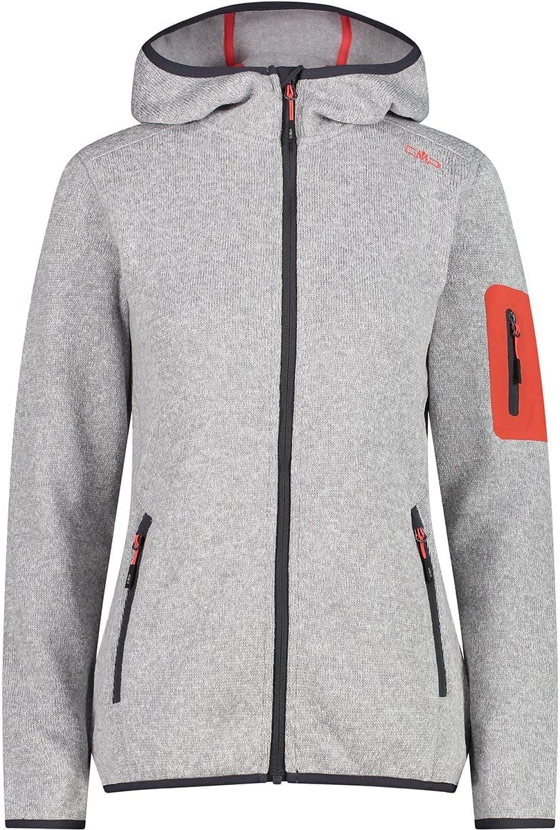 CMP Damen Knit Tech Mélange Fleece Jacket With Hood WOMAN JACKET FIX HOOD 46 ARGENTO-RED KISS, 46 AR