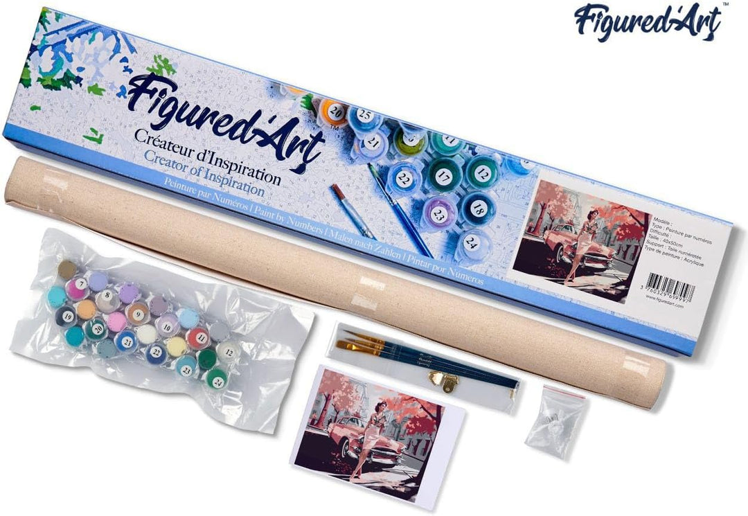 Figured'Art Malen Nach Zahlen Erwachsene Dame mit Rosa Oldtimer - Paint by Numbers Basteln DIY Baste