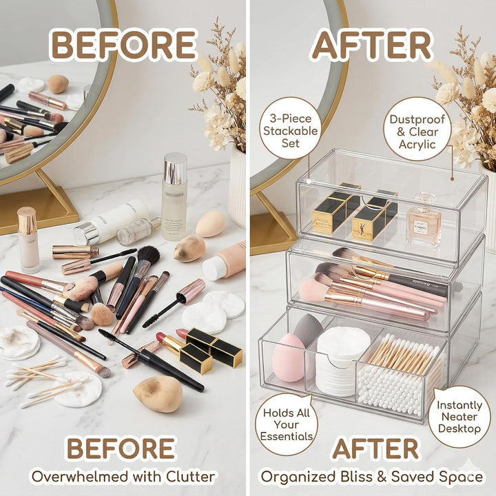 ALINK Badezimmer Organizer Mini mit Schubladen 3 Set, aus Acrylic stapelbar Transparent,für Kommode