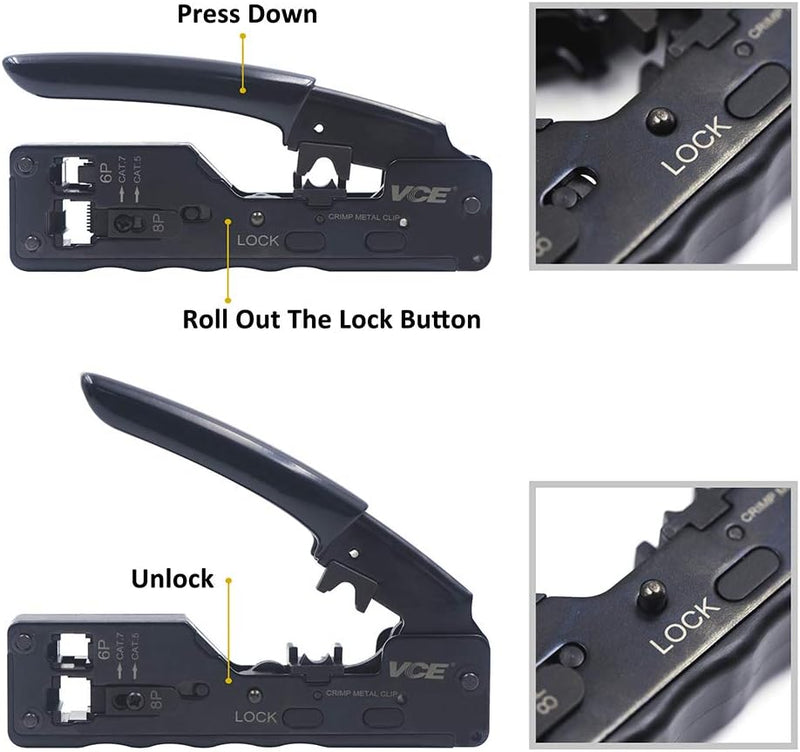 VCE GJ669BK Crimpzange RJ45 Stecker Werkzeug für Netzwerkstecker Netzwerkwerkzeug Cat 7 Cat 6A Netzw
