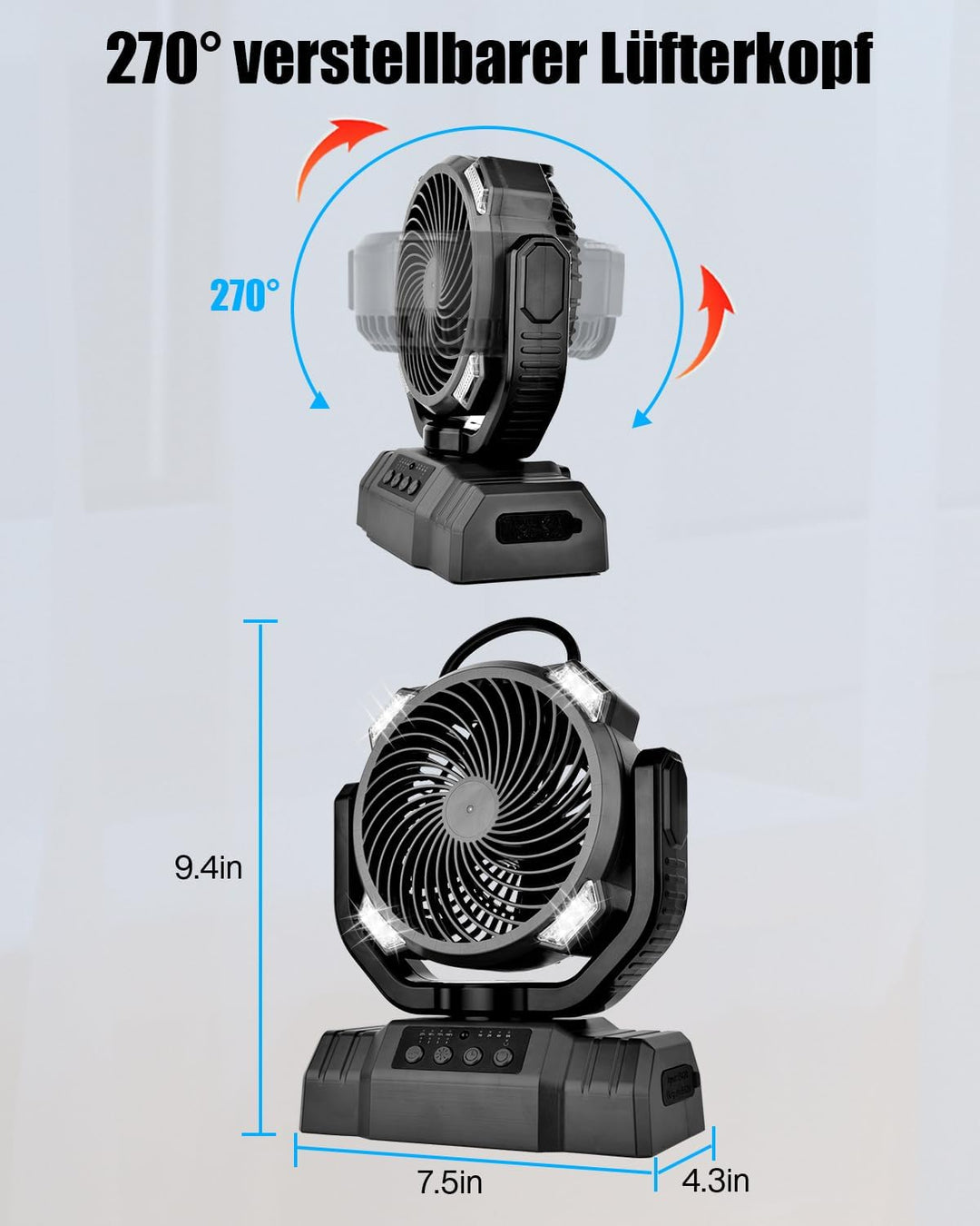 Timiyou Camping Ventilator,10000mAh Tischventilator Sehr Leise mit Licht,Fernbedienung,Powerbank,4 G