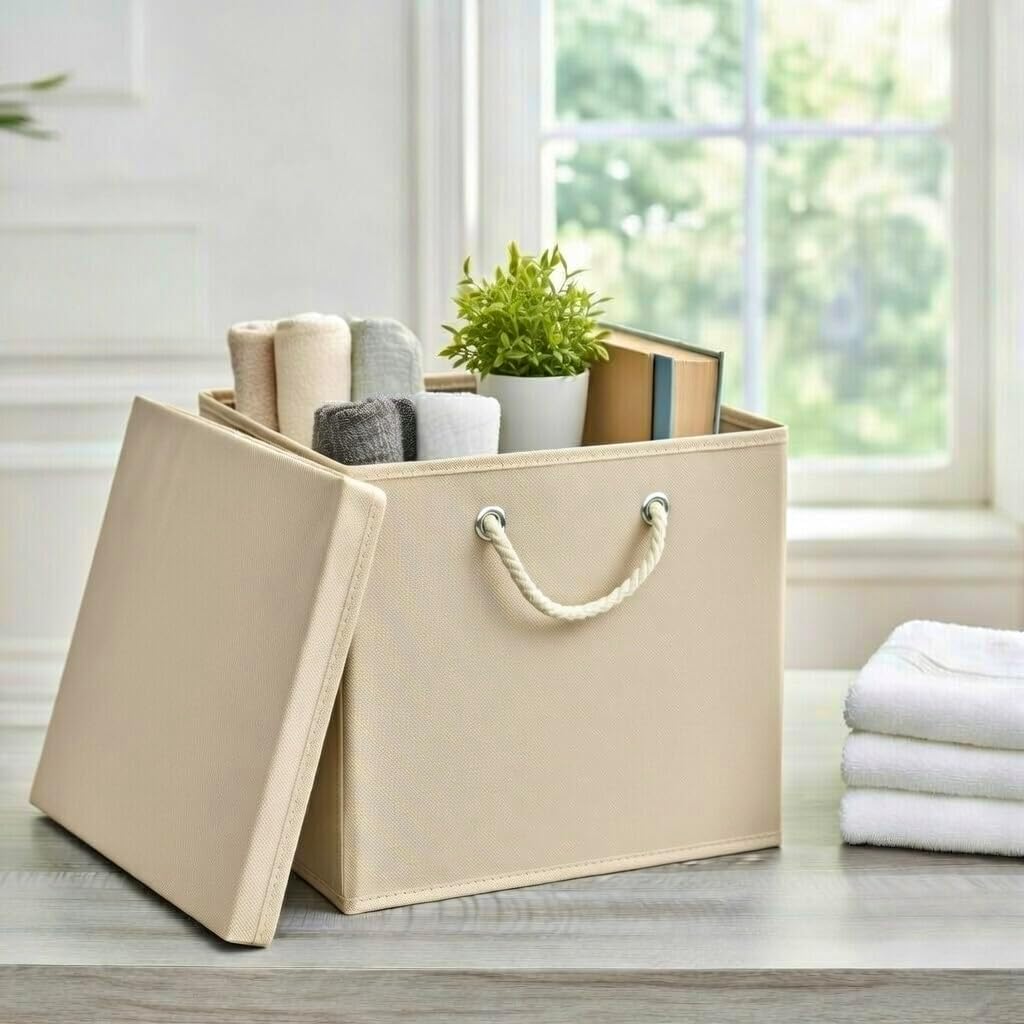 Stick&amp;Shine 4X Aufbewahrungs Korb Creme Faltbox 30 x 30 x 30 cm Regalkorb faltbar mit Kordel und mit