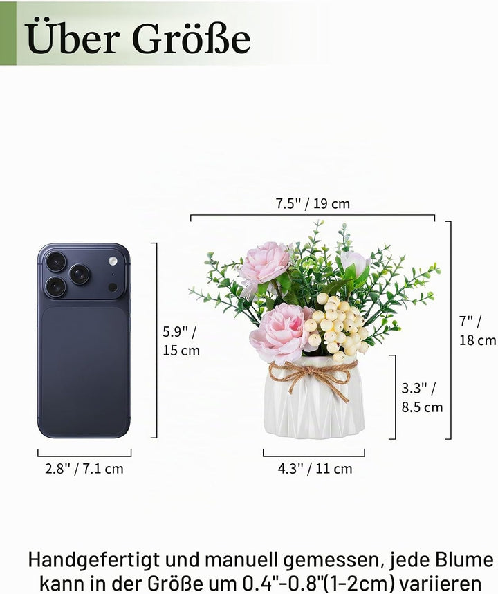 BLOSMON Kunstblumen im Topf Deko: 2 Stück Mini Rosa Künstliche Rosen Künstlich Blumen mit Vase für T