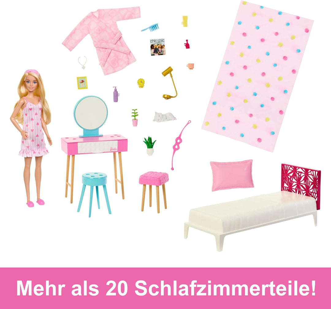 BARBIE Schlafzimmer-Spielset - Puppe, Bett, Schminktisch, Kätzchen und 20 Zubehörteile kreatives Spi