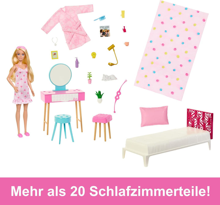 BARBIE Schlafzimmer-Spielset - Puppe, Bett, Schminktisch, Kätzchen und 20 Zubehörteile kreatives Spi