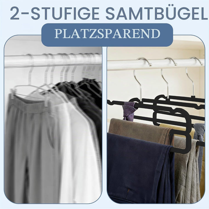 Kleiderbügel Samt Zweistufig 10 Stück, Hosenbügel mit 360° Drehbarem Haken | Schwarz Rutschfeste Kle