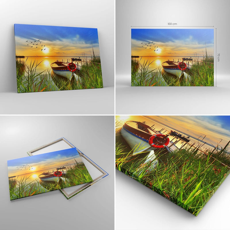 Bilder auf Leinwand 100x70cm Leinwandbild Boot See Sonnenuntergang Sommer Menschen Gross Wanddeko Bi