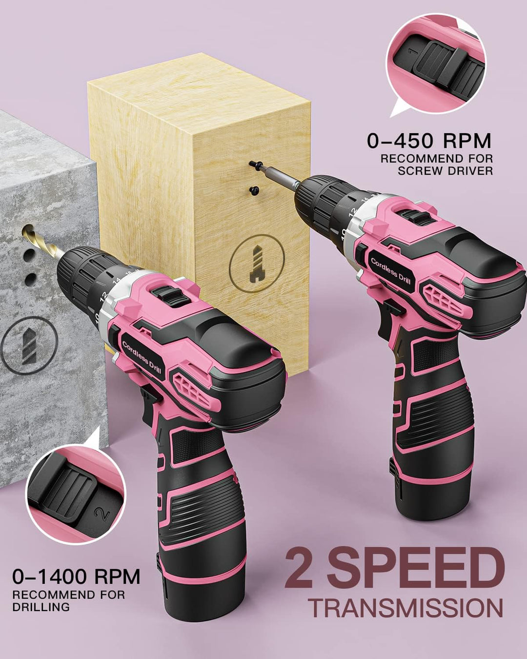 Akkuschrauber 12V Pink Rosa, Akkubohrer Klein, Akku Bohrschrauber Set mit 15 Zubehör und Tasche, 18+