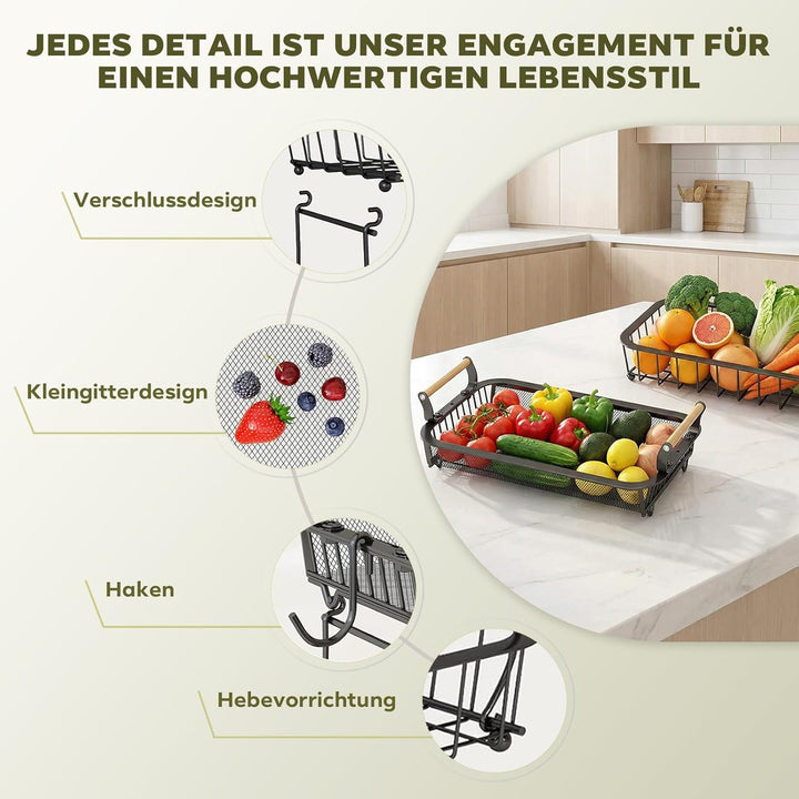 Obstkorb 2-stöckig mit 2 Bananen-Aufhängern, Metall-Draht für Küchenarbeitsplatte, Gemüseaufbewahrun