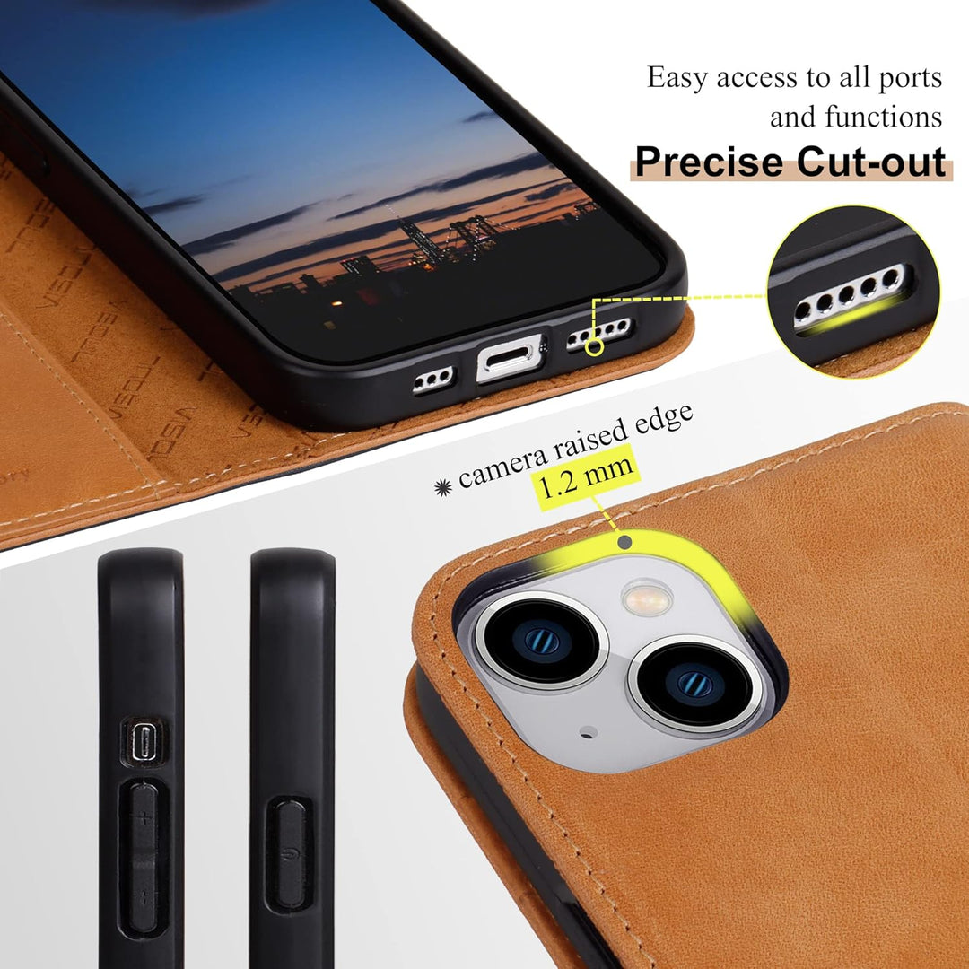 VISOUL Hülle für iPhone 15, Schutzhülle [Echt Leder] [Schützt vor Stoss] [Kartenfach] [Magnetverschl