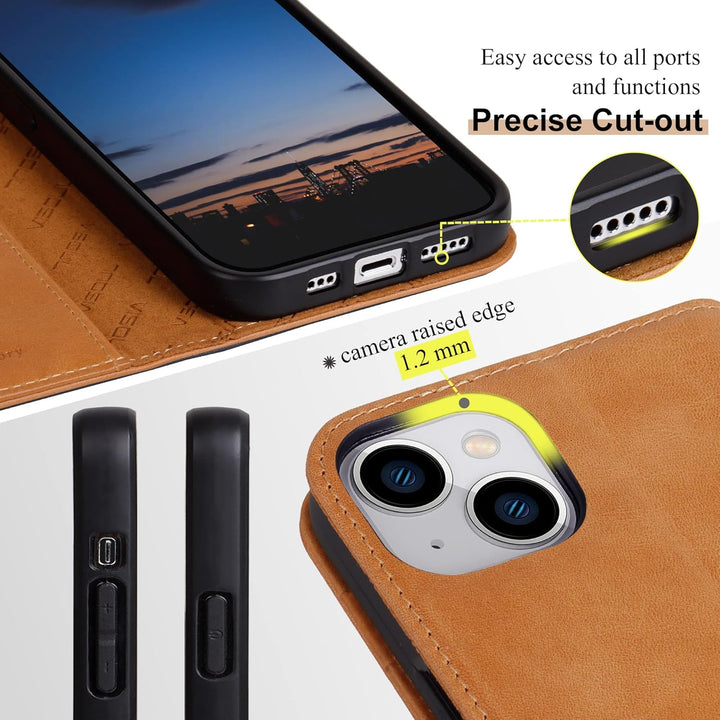 VISOUL Hülle für iPhone 15, Schutzhülle [Echt Leder] [Schützt vor Stoss] [Kartenfach] [Magnetverschl