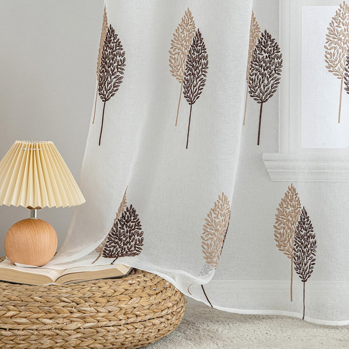 MIULEE Gardinen Transparent mit Kaffee und Braun Blätter Muster, Ösen Gardinen 280 cm Hoch, Modern G