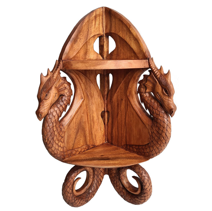 Windalf Hobbit-Style Drachen Eck-Regal DRACONI 70 cm mit 2 Ablagen Rustikales Wandregal Bücherregal