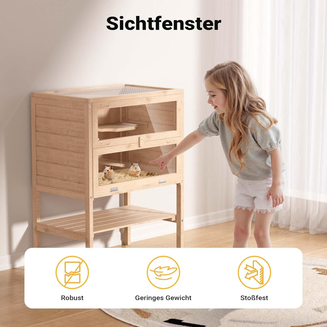 Wiltec 3 Etagen Nagerkäfig, 600 x 400 x 800 mm, aus Holz, mit klappbarem Deckel & Sichtfenster, Klei