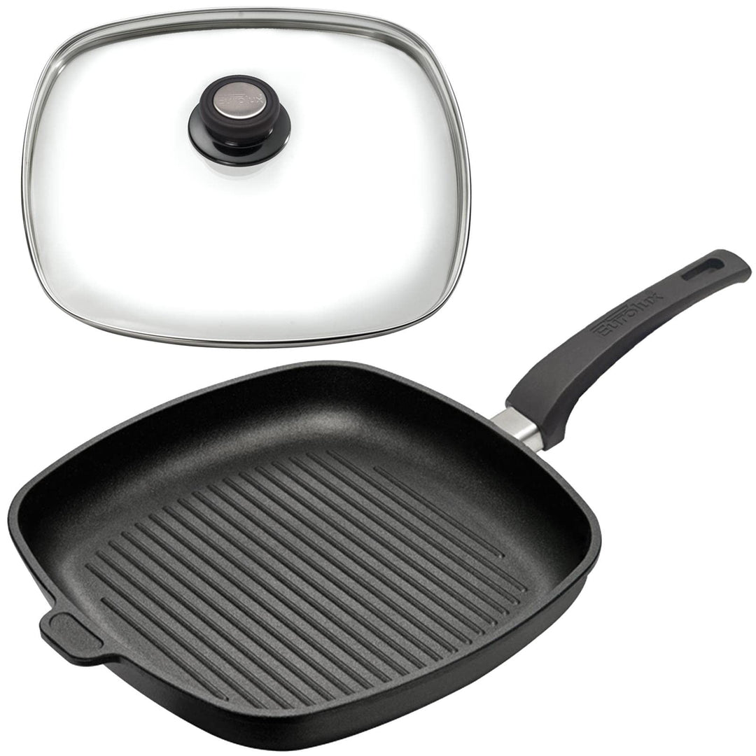 Eurolux Grillpfanne Set & Glas-Deckel 28x28 cm - grosse flache quadratische Guss-Pfanne mit Beschich