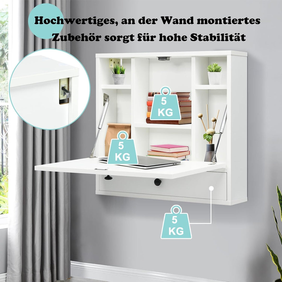 FANTASK Schreibtisch, klappbarer Computertisch mit Ablagefächern & Schublade, Wandklapptisch, Wandti