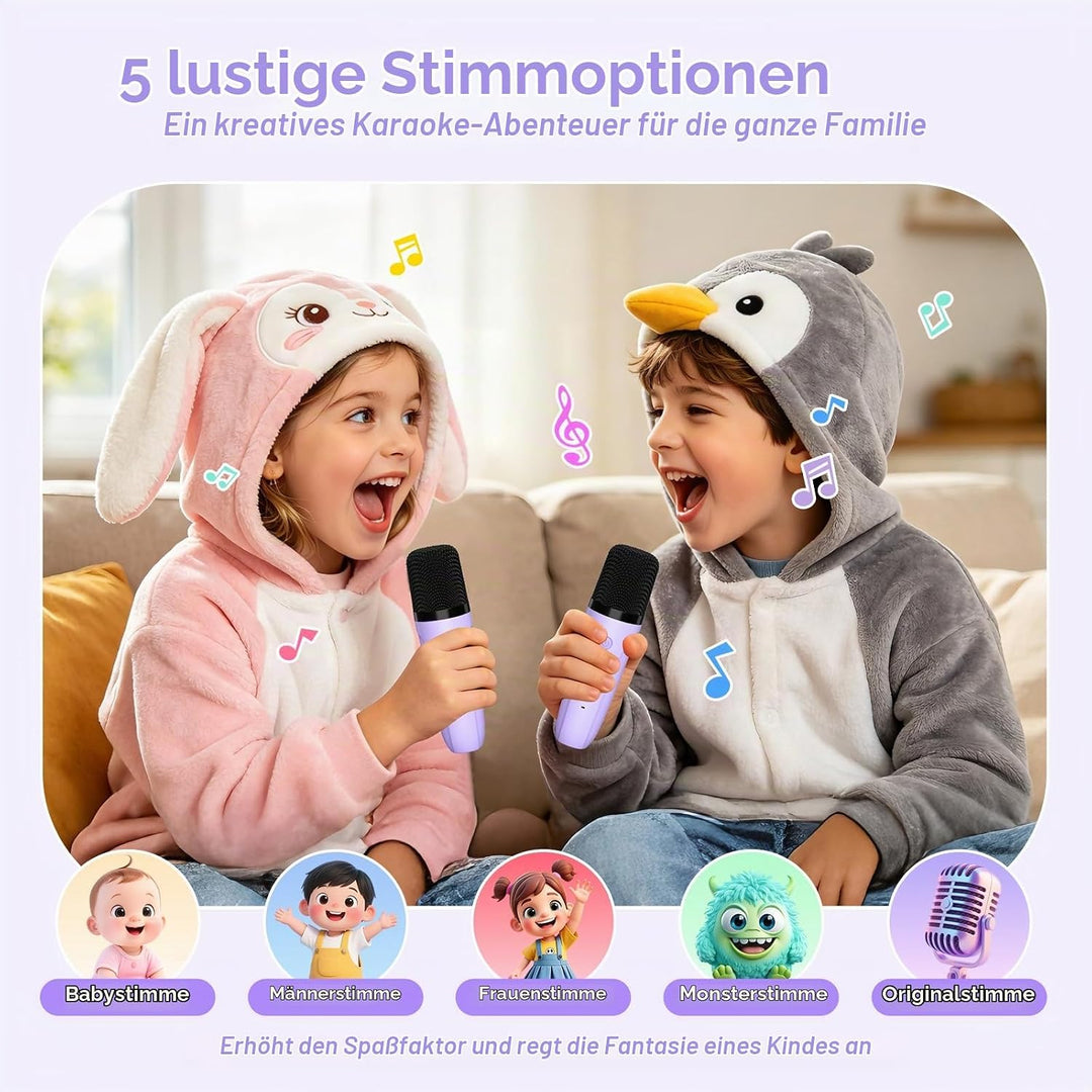 Karaoke Maschine mit 2 Bluetooth Mikrofonen für Kinder 3-8 Jahre | Tragbar, Sichere 85dB Lautstärke,