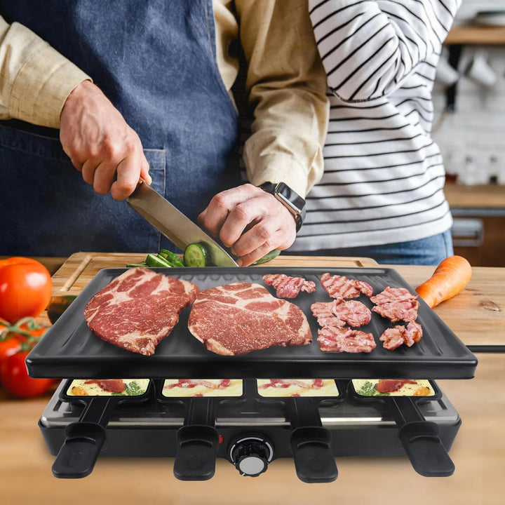 FIVMEN Raclette 8 Personen Raclette Grill 1400W mit 8 Pfännchen, 2 Granitplatte & Antihaftplatte Ele