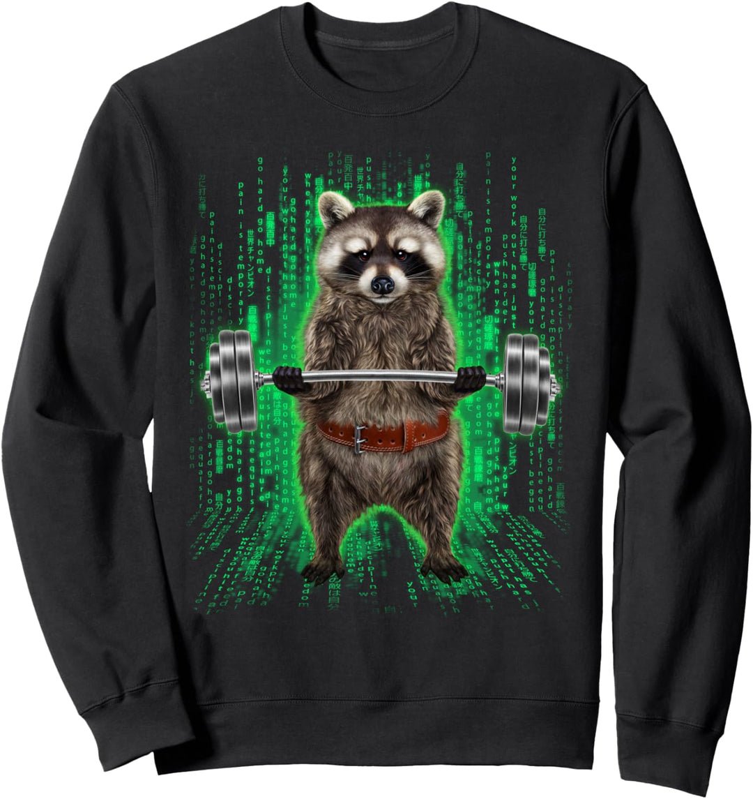 Waschbär, der Gewichte im Cyber-Fitnessstudio hebt Sweatshirt