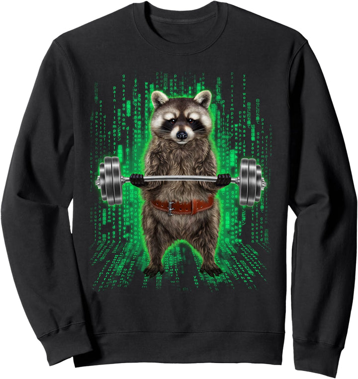 Waschbär, der Gewichte im Cyber-Fitnessstudio hebt Sweatshirt