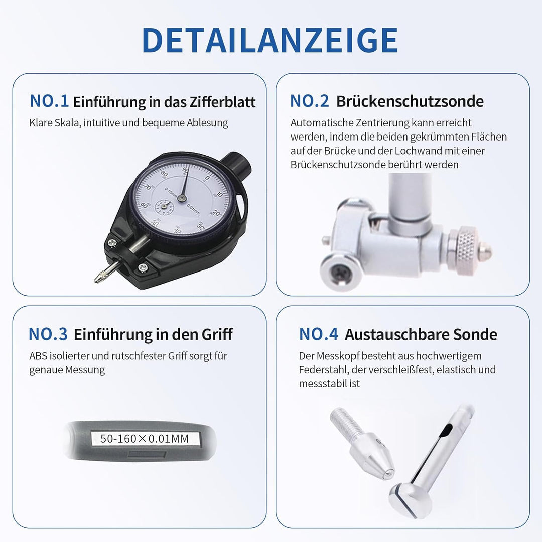 Innenmikrometer, Bohrungslehre Messuhr set 50-160mm Hohe Präzision 0,001mm Messuhr mit 12 Sonden, In