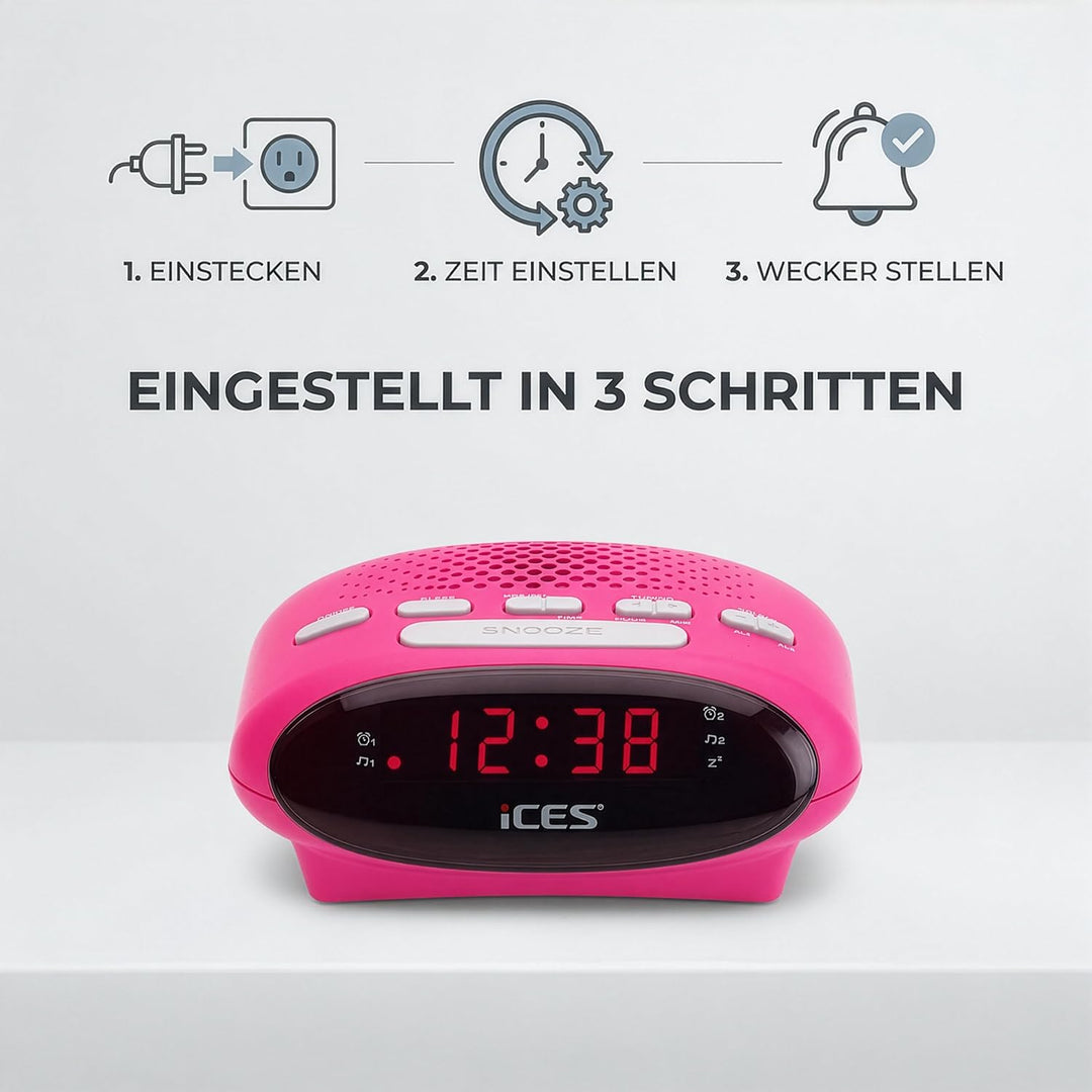 Ices ICR-210 Pink - FM Uhrenradio - Radiowecker mit 2 Weckzeiten - PLL FM - Schlummerfunktion - Slee