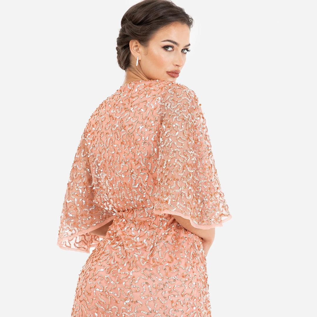 Maya Deluxe Damen Womens Midi Ladies Sequin Embellished Cape Sleeve Wrap Dress for Wedding Guest Bri