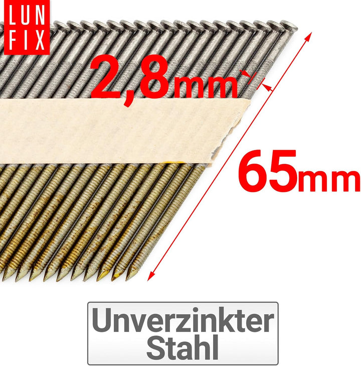 34° Ringschaftnägel 2,8x65 mm aus Stahl unverzinkt, papiergebunden auf Streifen – Packung 4000 Stk.