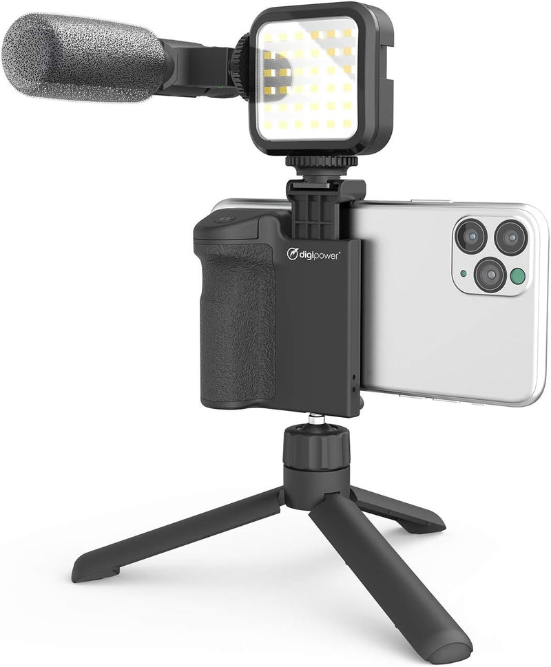 DigiPower Vlogging Set Follow me mit LED-Videoleuchte + Mikrofon + Kameragriff mit Handy Halterung +