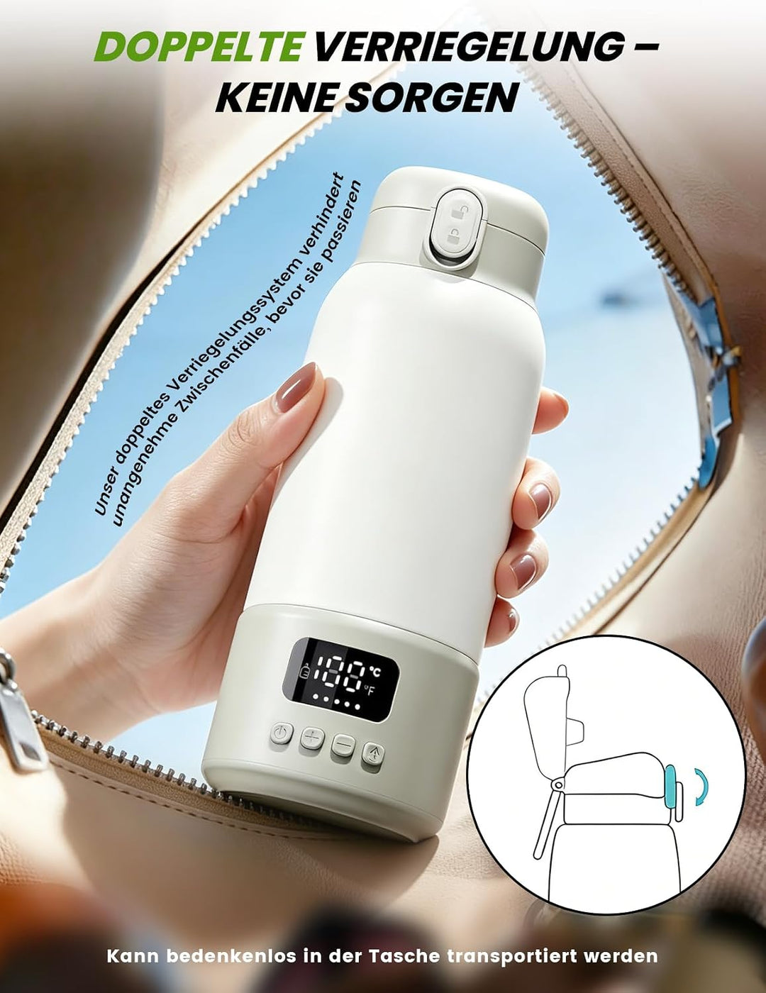 Tragbarer Flaschenwärmer Baby für unterwegs, 500ml Babyflaschenwärmer 35-70 °C Schnellaufheizung Mut