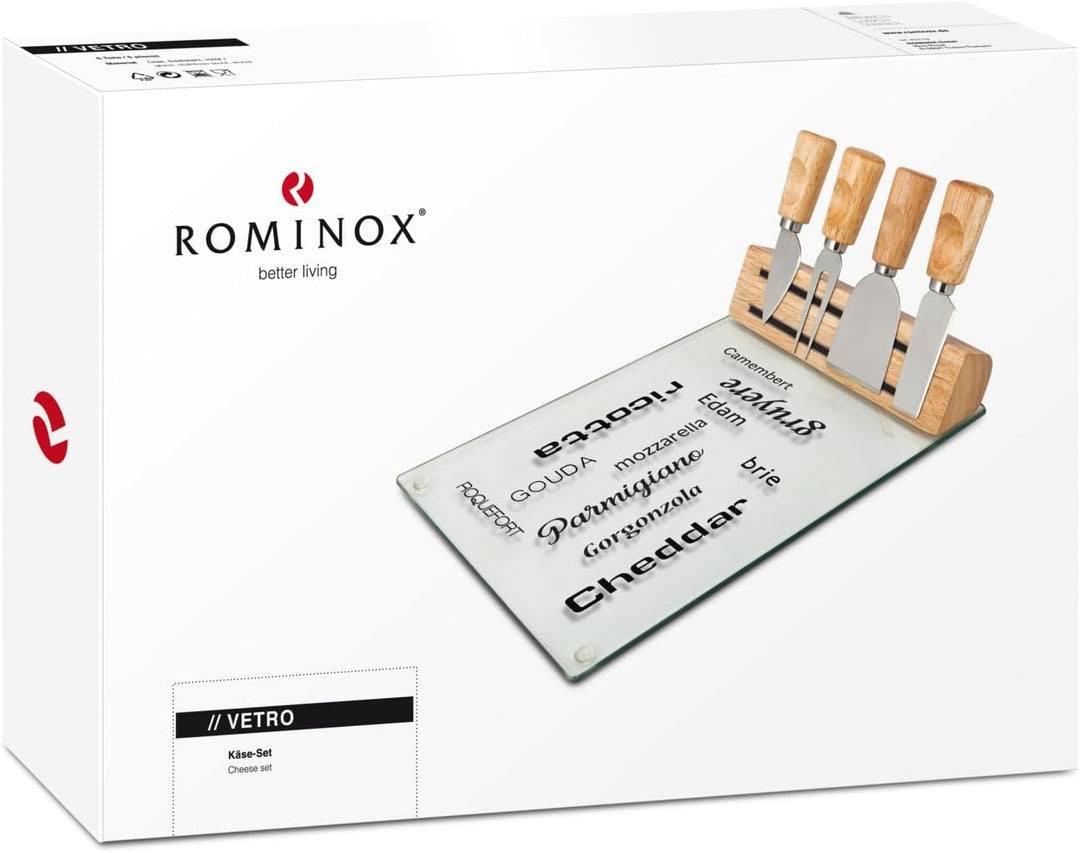 ROMINOX Geschenkartikel Käse-Set // Vetro – Pflegeleichtes Käsezubehör 5-teilig: Glasplatte, Holzkör