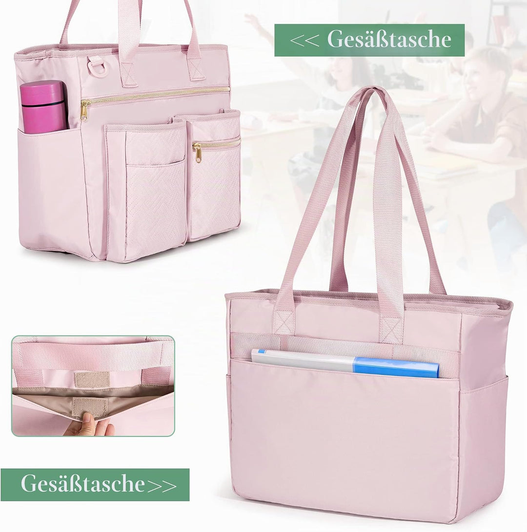 Fasrom Teacher Arbeitstasche mit Fächern für Laptop, Grosse Laptoptasche für Lehrer Rosa, Rosa