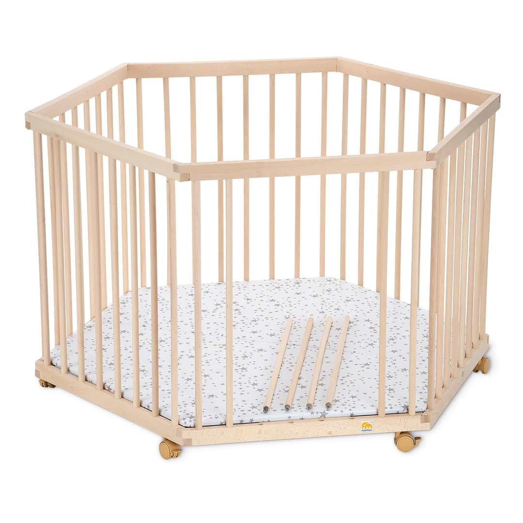 FabiMax Baby Laufgitter 6-eck, stufenlos höhenverstellbar, mit Schlupfsprossen, Laufstall aus massiv