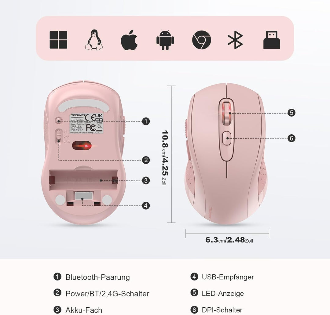 TECKNET Bluetooth Maus, 4000 DPI Maus Kabellos (Tri-Mode: BT 5.0/3.0+2.4GHz) Funkmaus mit USB-Empfän