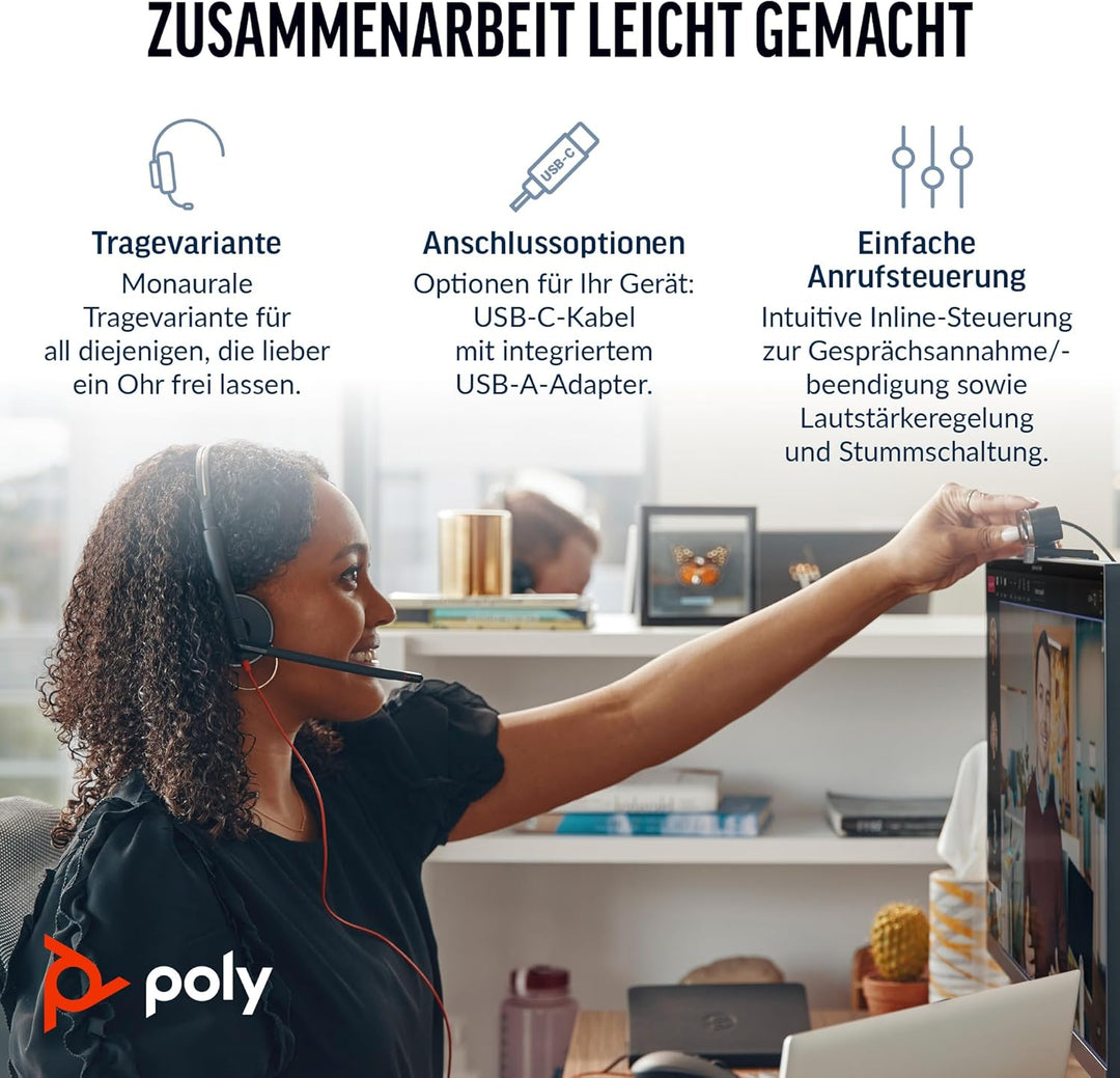 Schnurgebundenes USB-C-Headset Poly Blackwire 3210 – Noise Cancelling-Mikrofon – Ein-Ohr-Design – Ve